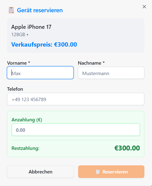 Geräte reservieren mit Anzahlung