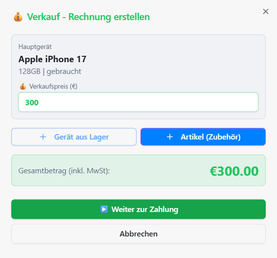 Verkauf mit Bar, Bankomat oder Zahlungsziel