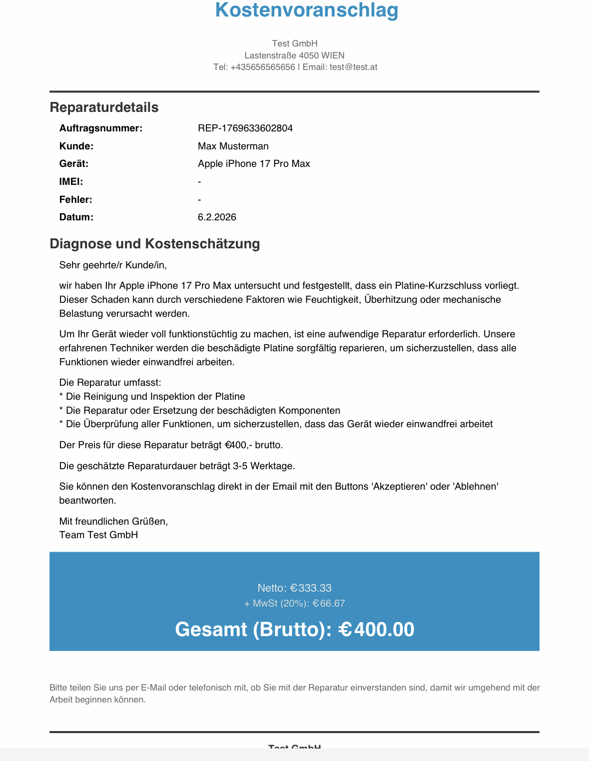 PDF-Kostenvoranschlag als E-Mail-Anhang