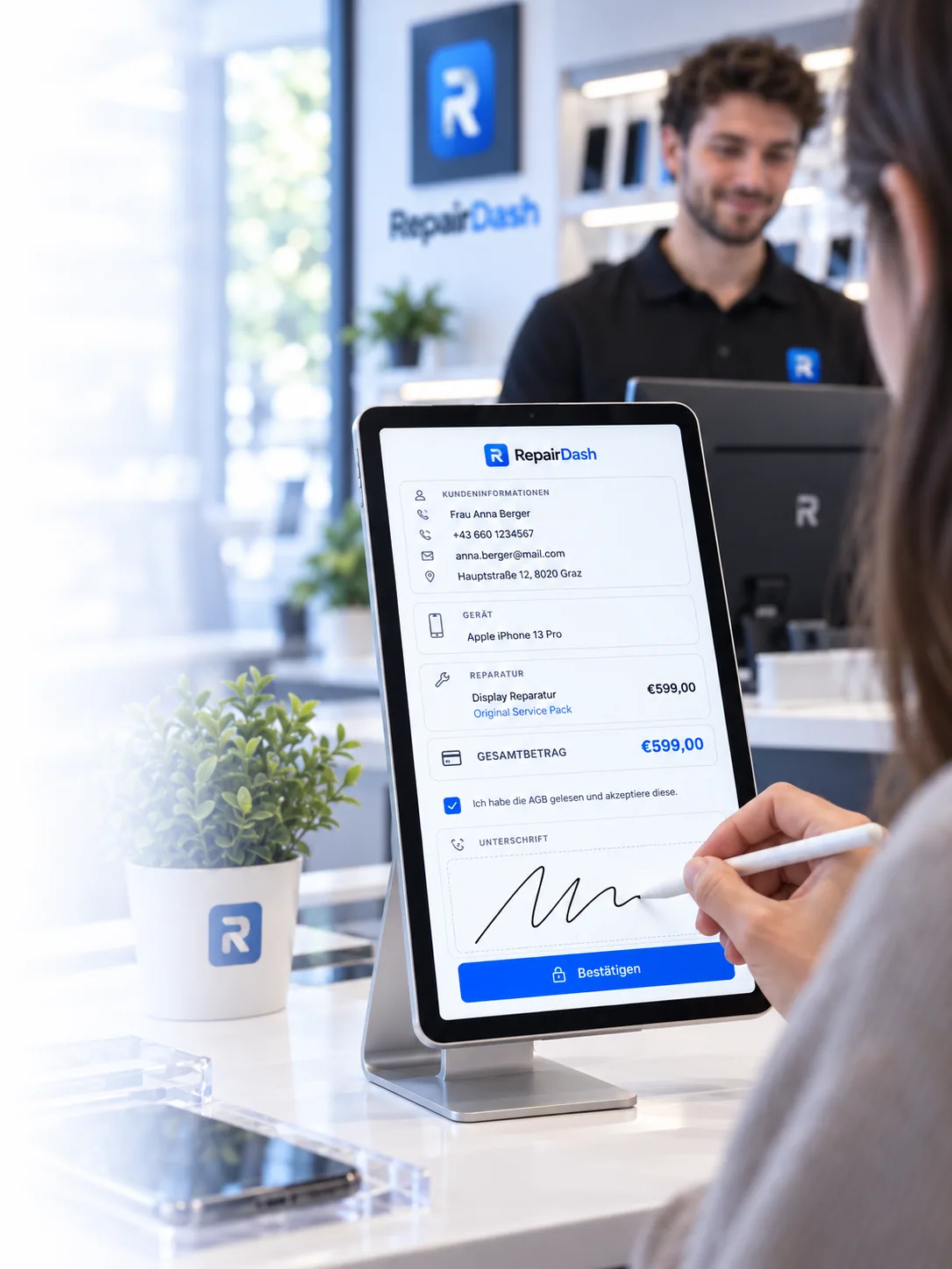 RepairDash Kiosk-Modus: Kunde prüft den Auftrag und unterschreibt digital