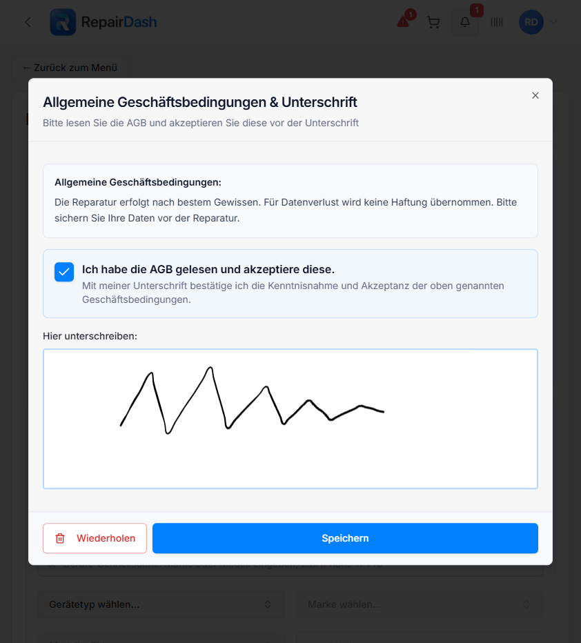 Digitale Unterschrift auf Tablet