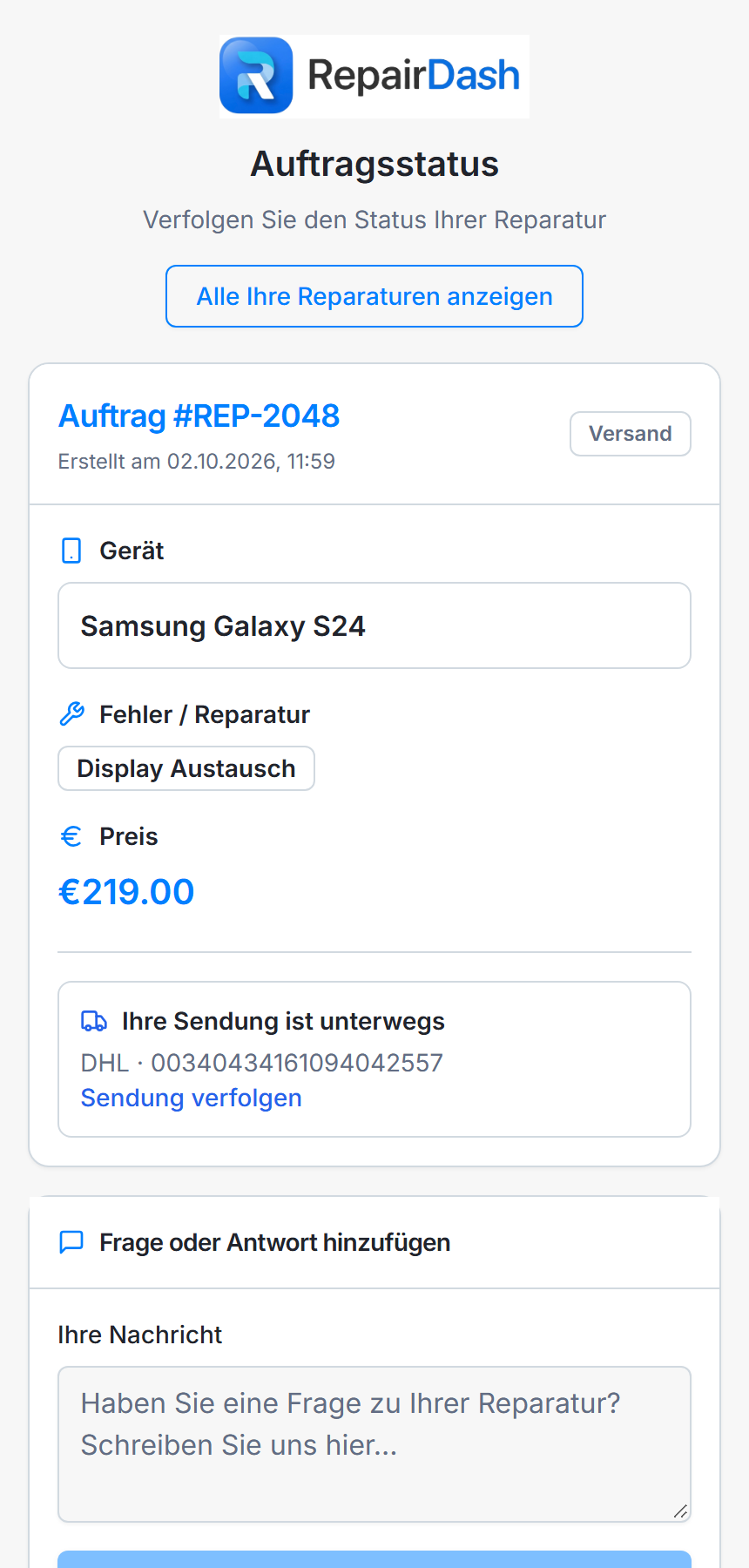 Statusseite mit DHL-Sendungsverfolgung