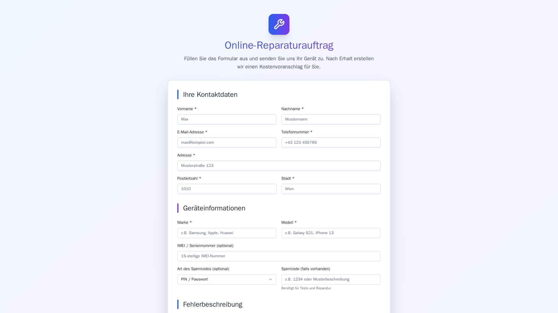 Online Reparaturformular Screenshot