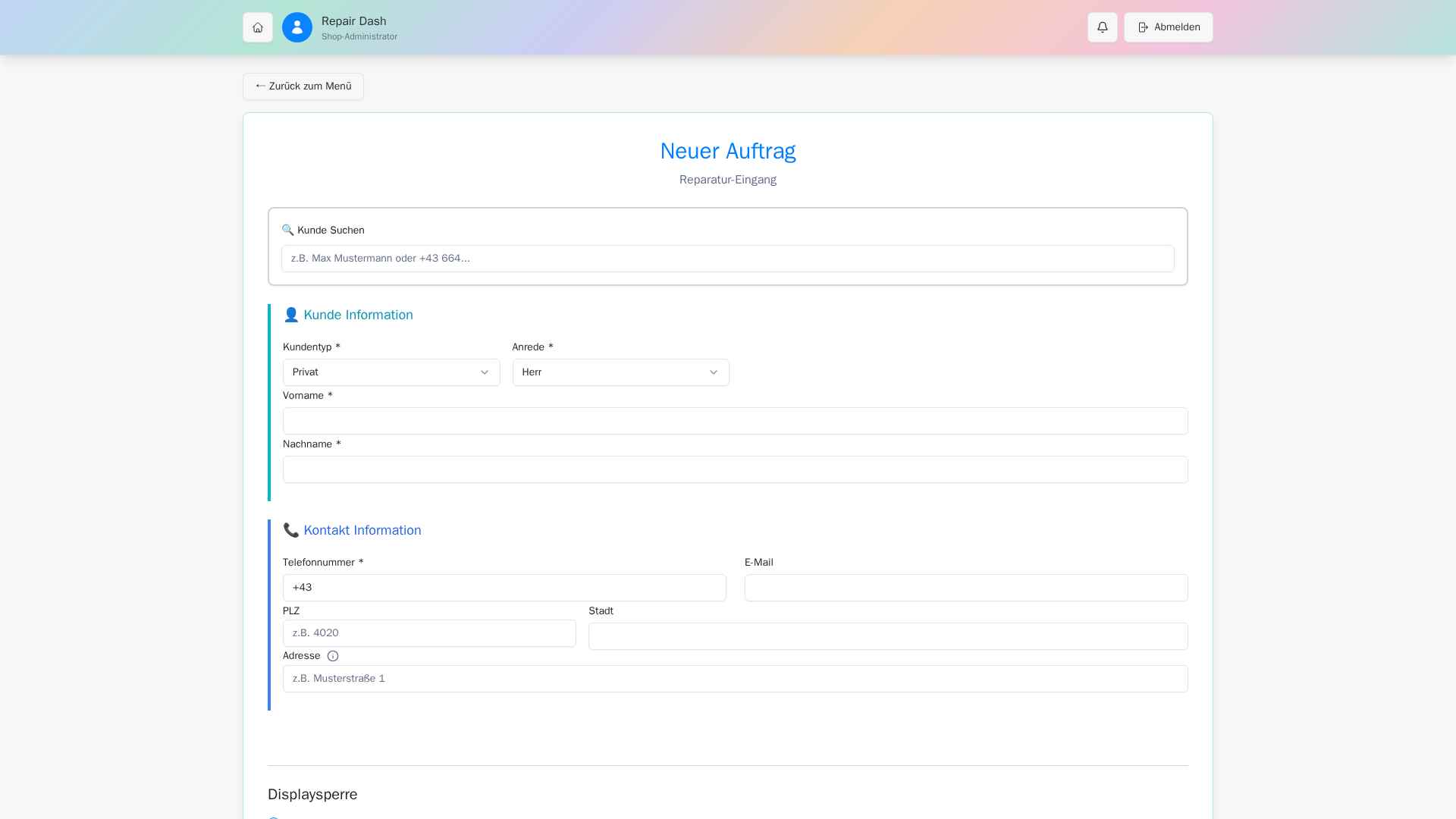 Schnelle Auftragserfassung Screenshot