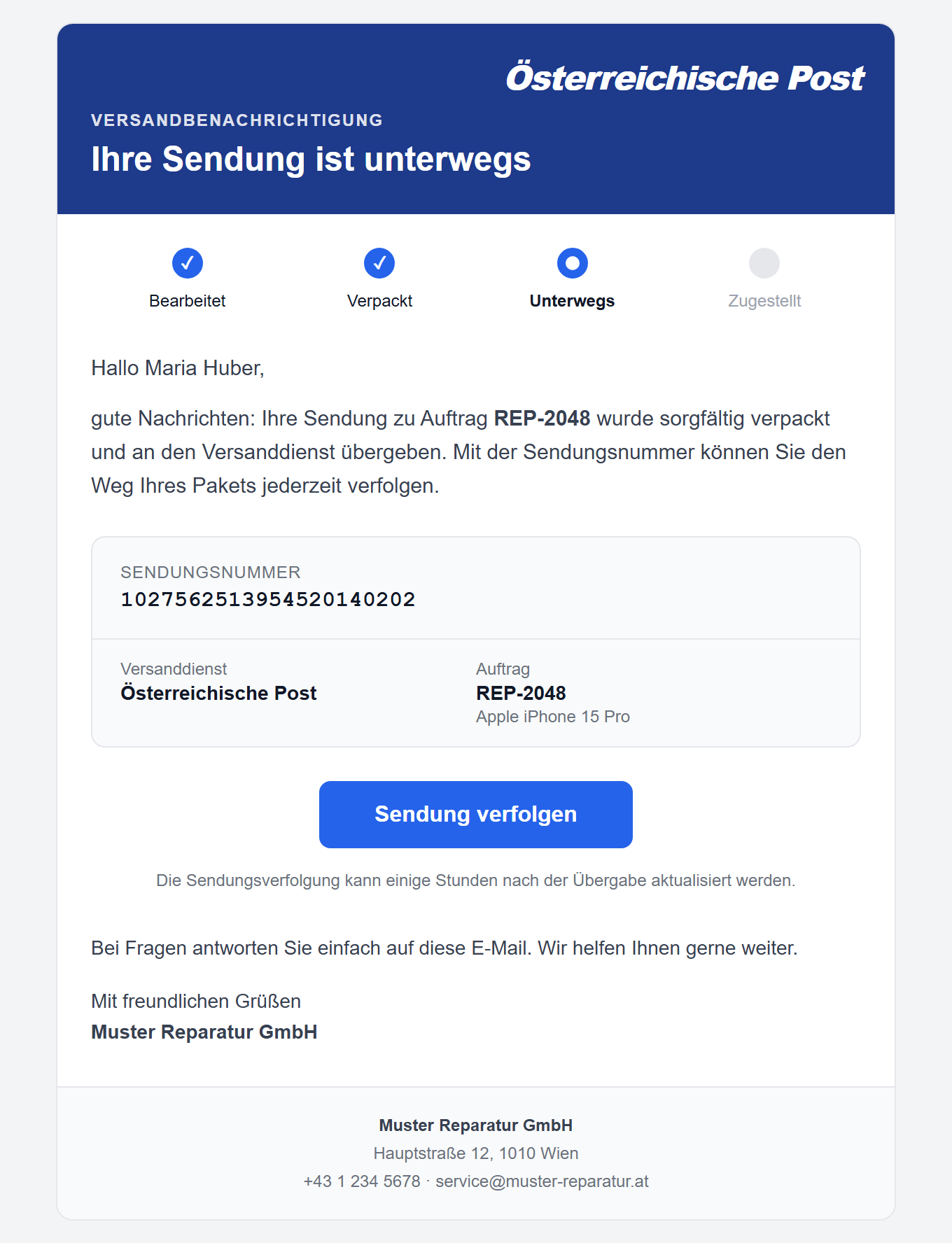 Versandbenachrichtigung per E-Mail mit Sendungsnummer und Verfolgungslink