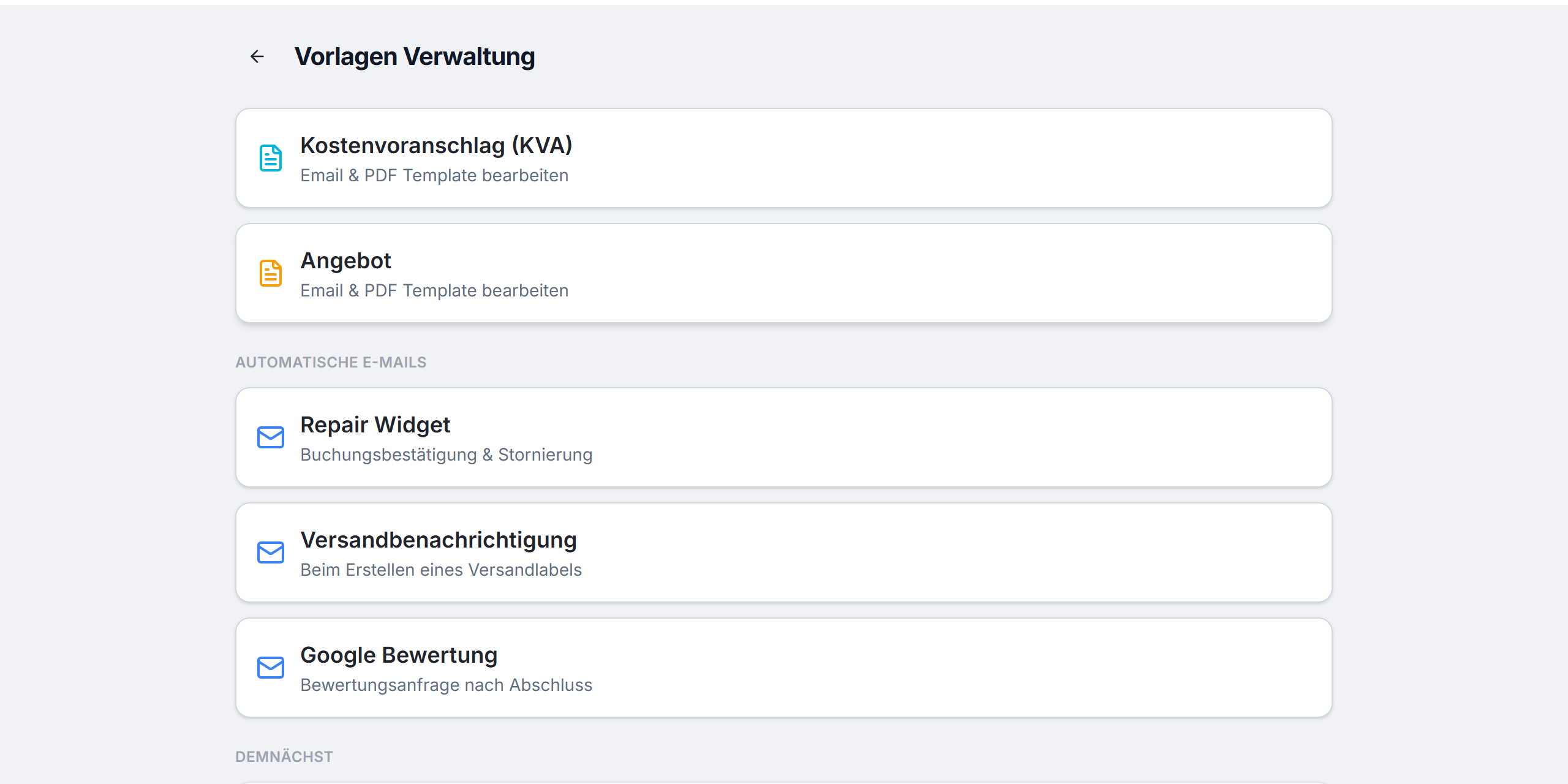 Vorlagenverwaltung mit automatischen E-Mails in RepairDash